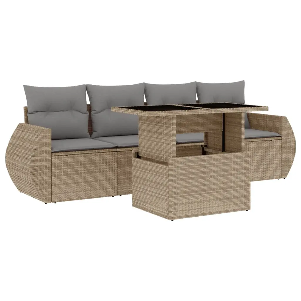 5 Piece Garden Sofa Set PE Rattan Beige with Cushions
