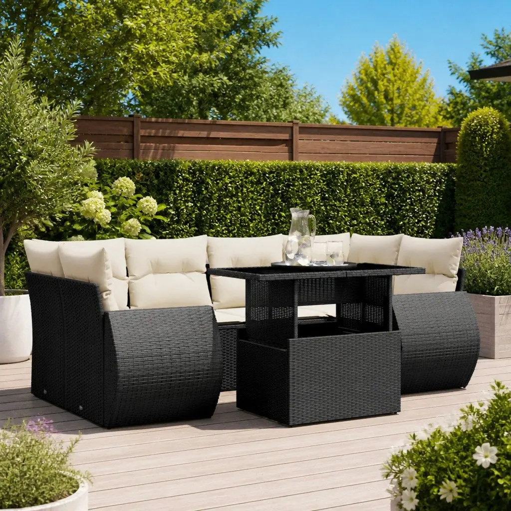 7 Piece Black Poly Rattan Outdoor Sofa Set with Adjustable Table