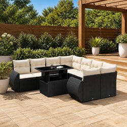 9 Piece Black Poly Rattan Garden Sofa Set with Cushions