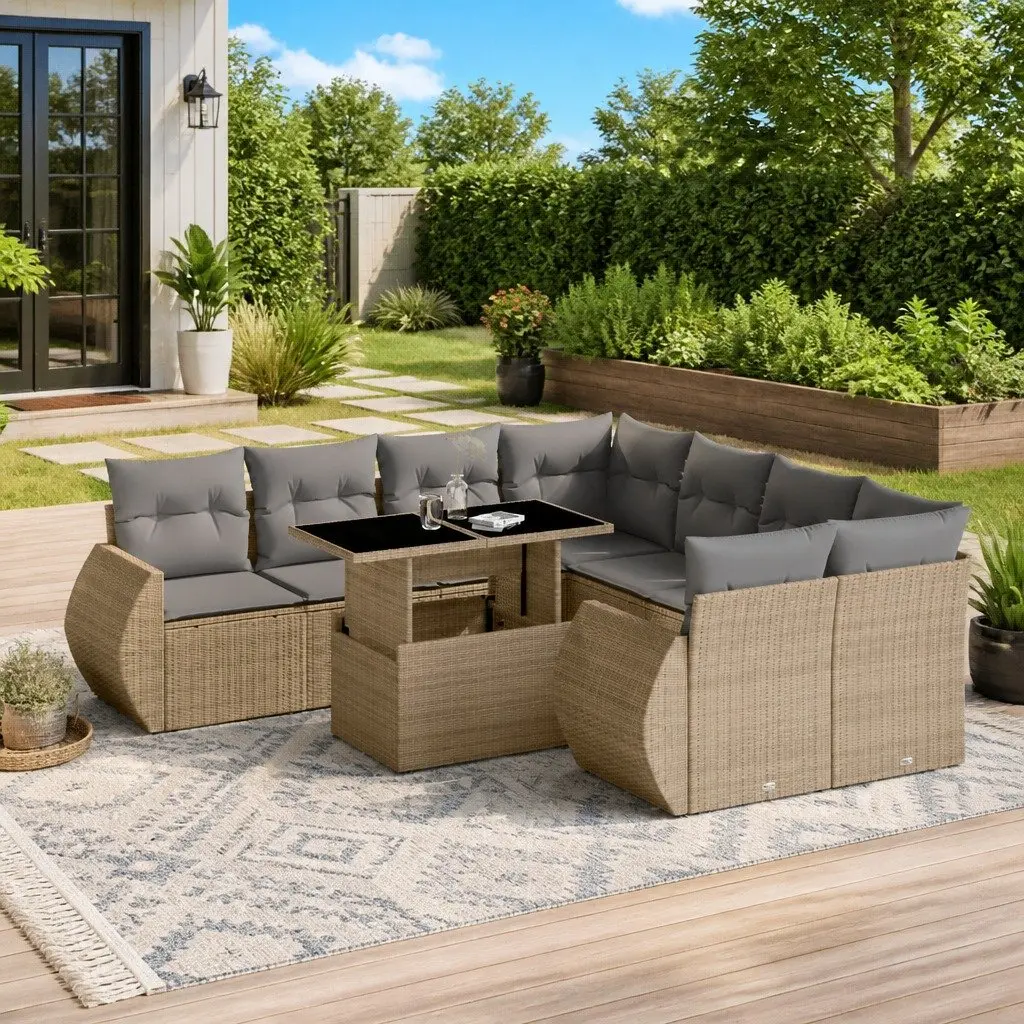 Garden Sofa Set PE Rattan 9 Piece Modular Seating Outdoor Furniture Beige