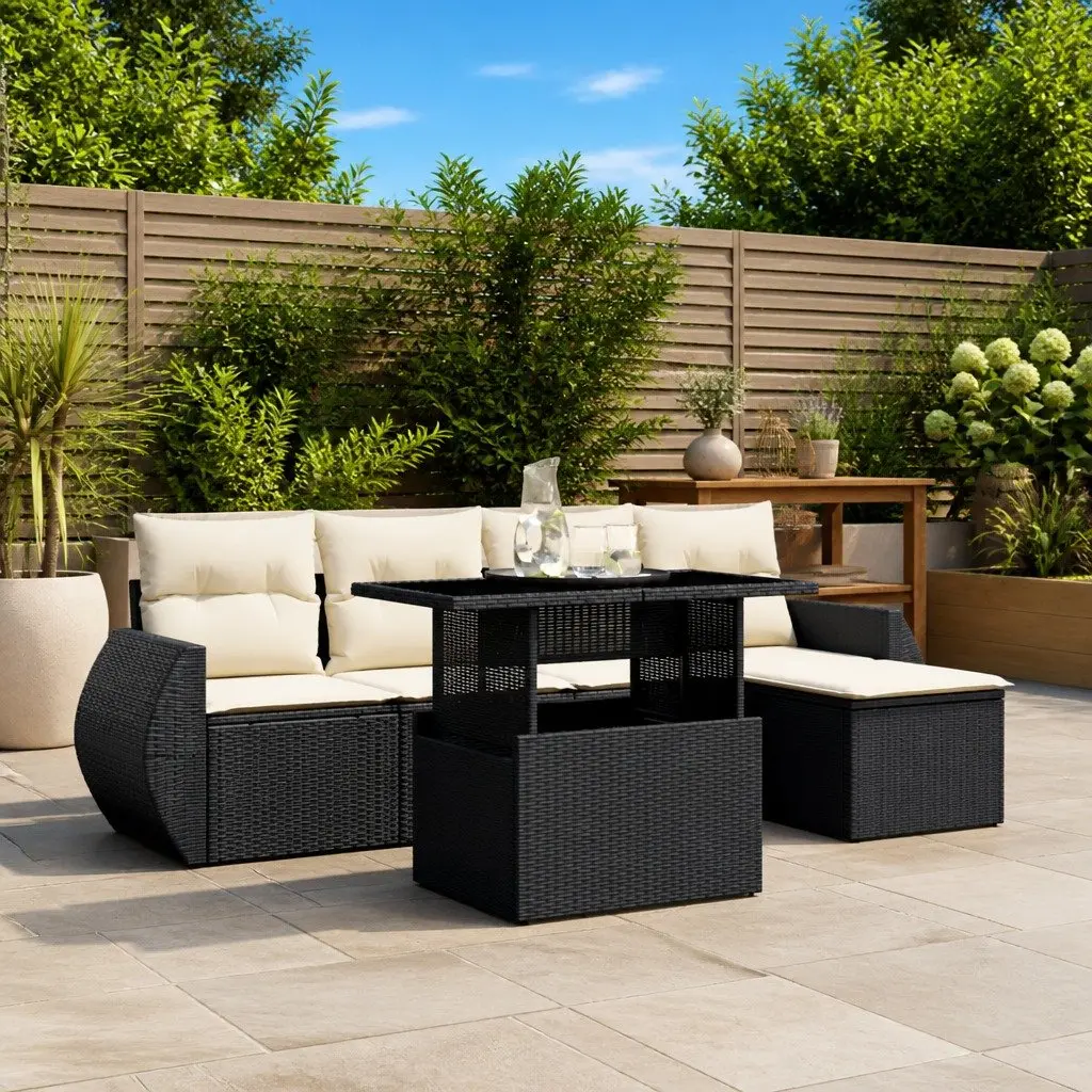 6 Piece Black Poly Rattan Garden Sofa Set