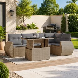 Beige Poly Rattan 6 Piece Outdoor Sofa Set with Cushions