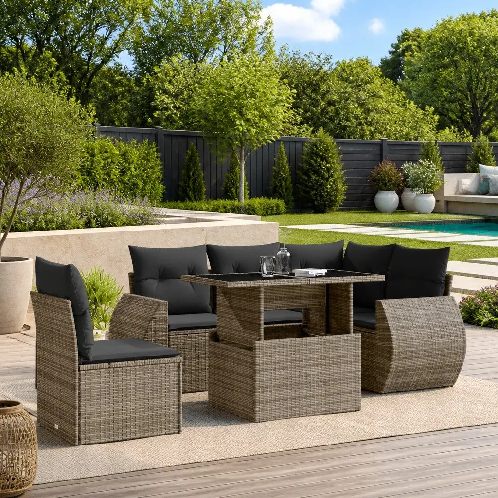 Garden Sofa Set PE Rattan 6 Piece Grey Outdoor Furniture