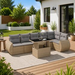 Durable 7 Piece Garden Sofa Set in Beige Poly Rattan