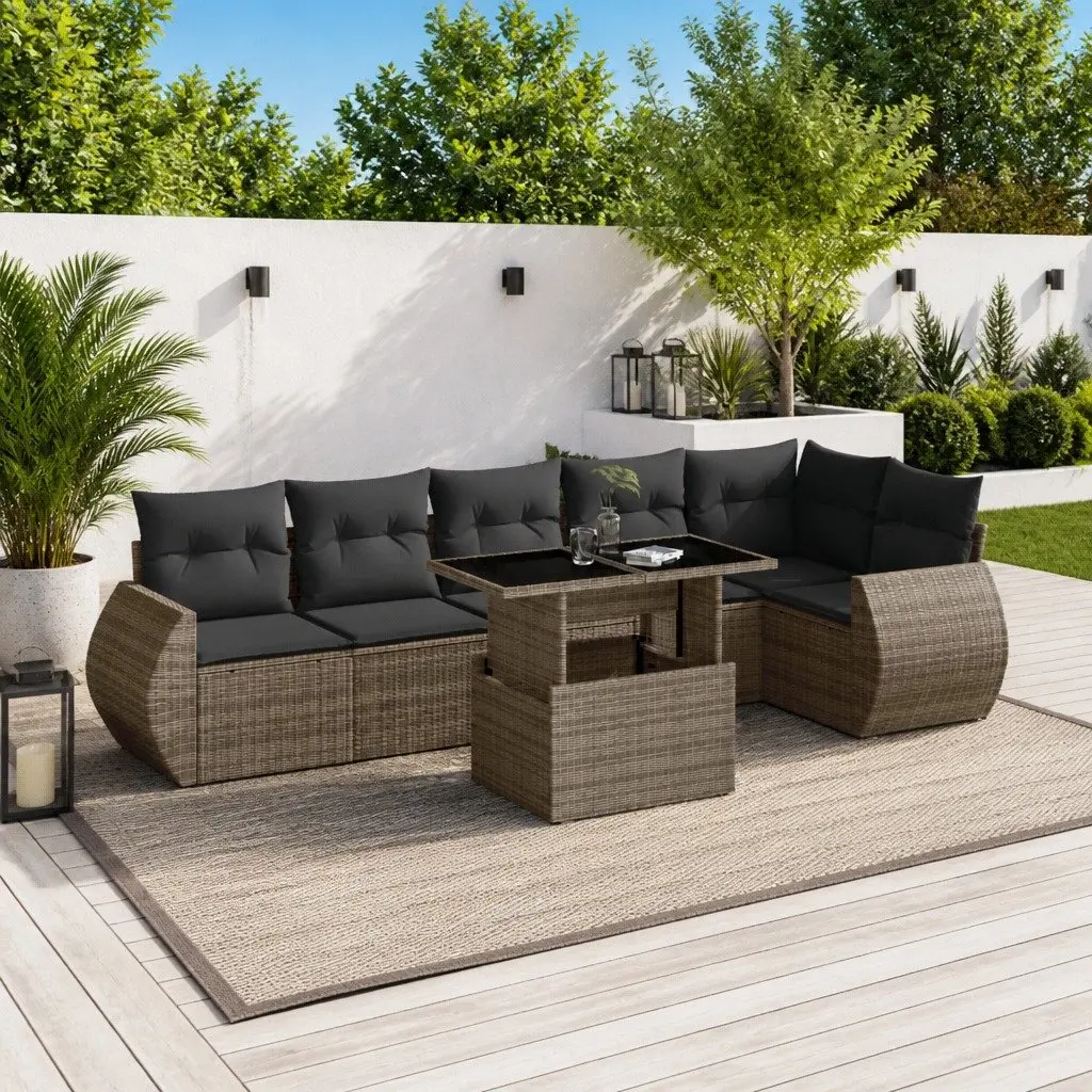 7 Piece Garden Sofa Set PE Rattan Grey with Cushions