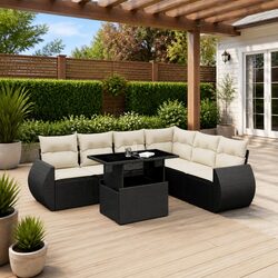 Black Poly Rattan 7 Piece Garden Sofa Set with Cushions