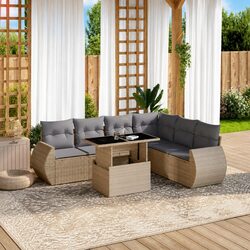 Beige 7 Piece Outdoor Sofa Set with Cushions - Durable Poly Rattan
