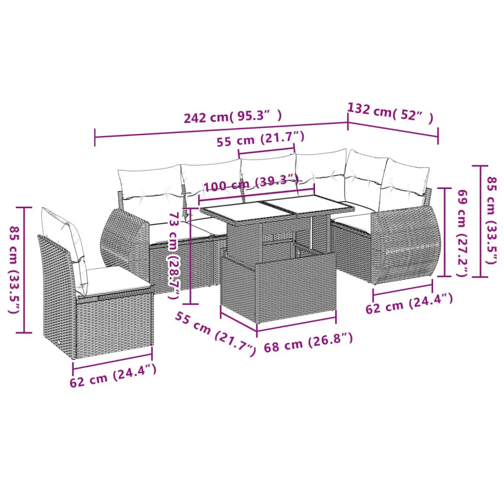 7 Piece Garden Sofa Set PE Rattan Grey with Cushions