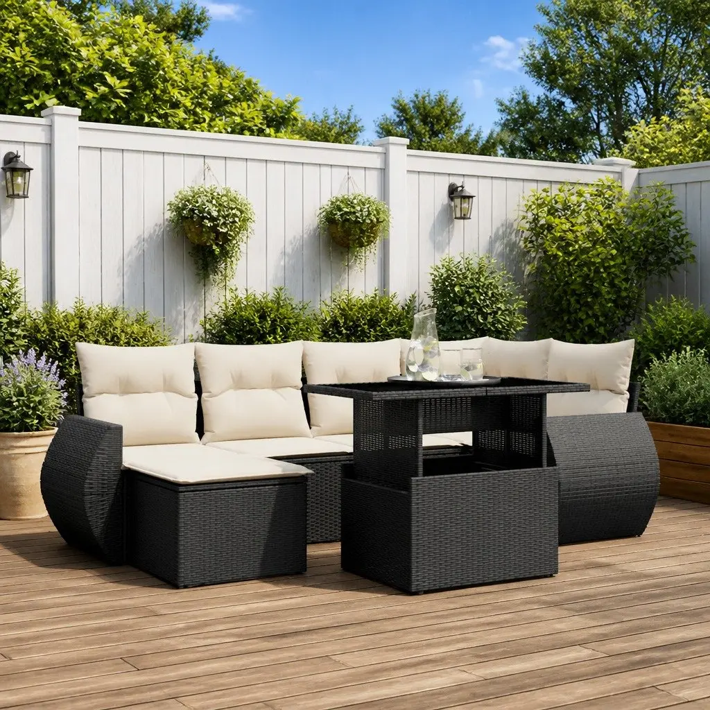 7-Piece Garden Sofa Set in Black PE Rattan