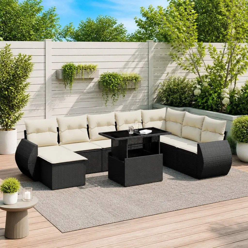 Black Poly Rattan 9 Piece Garden Sofa Set with Cushions