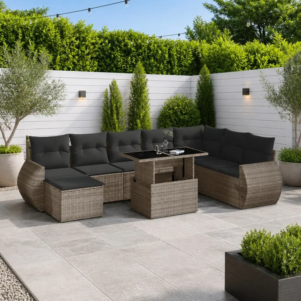 Garden Sofa Set PE Rattan 9 Piece Outdoor Furniture Grey Patio Seating