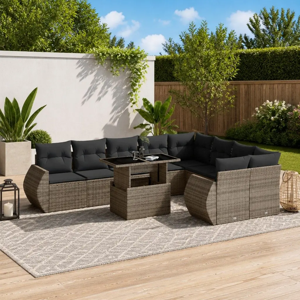 10 Piece Grey Poly Rattan Garden Sofa Set