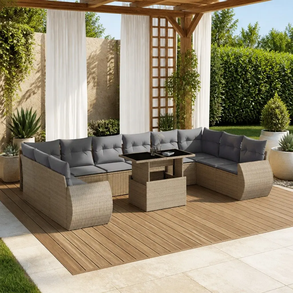 11 Piece Beige Poly Rattan Garden Sofa Set