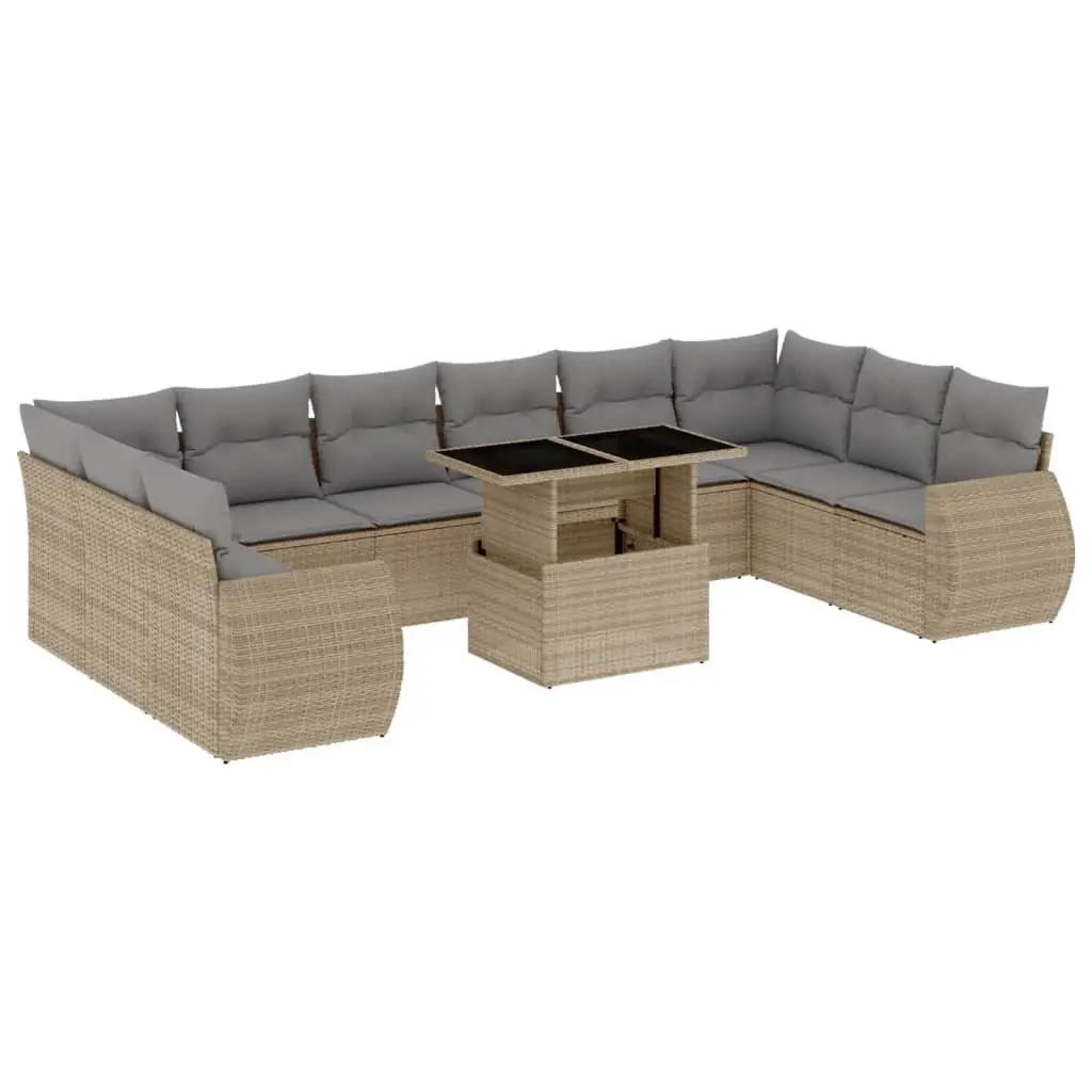 11 Piece Beige Poly Rattan Garden Sofa Set