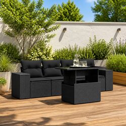 Black Poly Rattan 5 Piece Garden Sofa Set with Cushions
