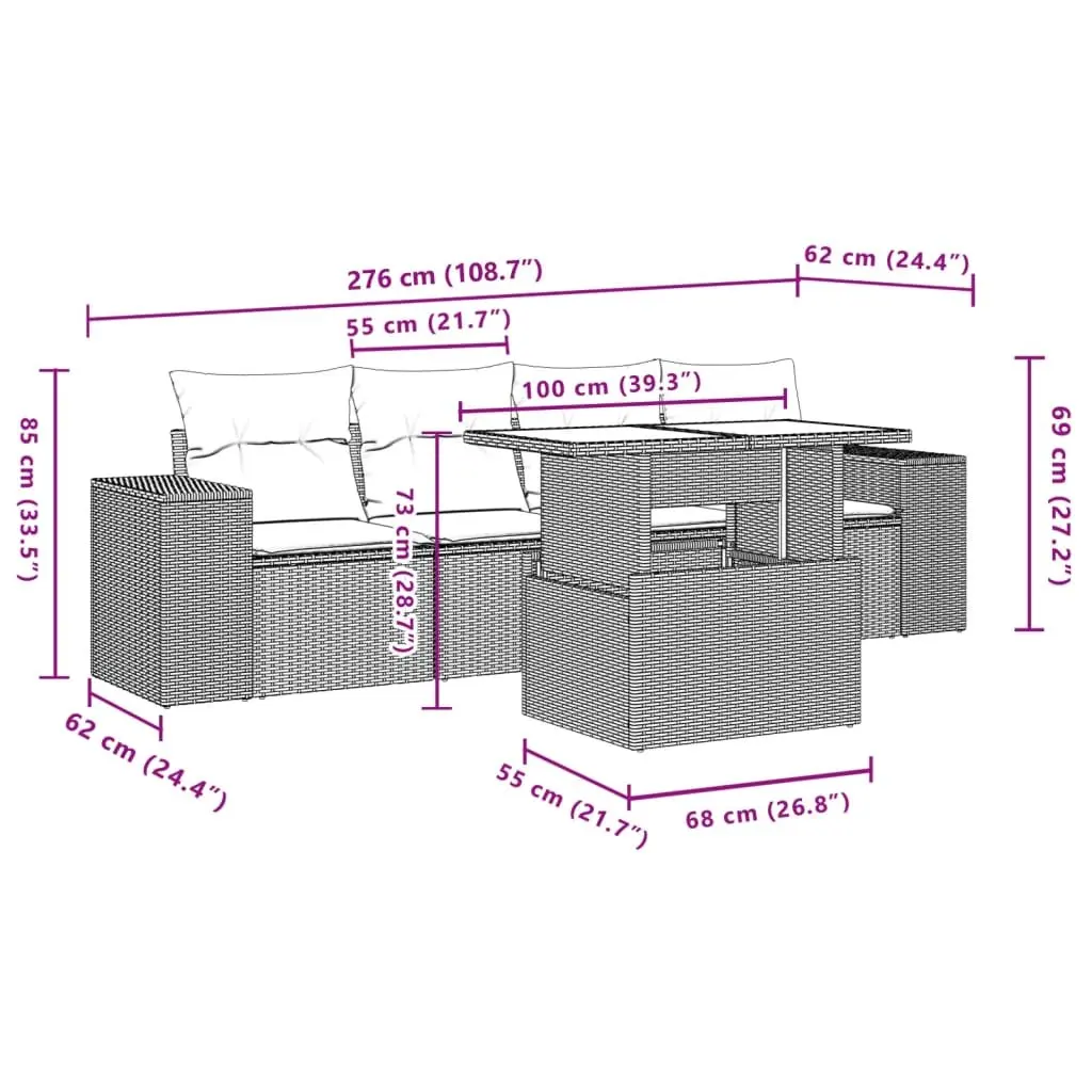 5 Piece Garden Sofa Set PE Rattan Grey