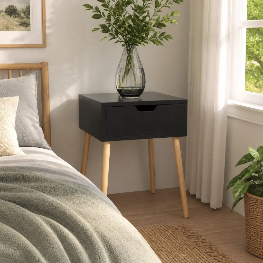 High Gloss Black Bedside Cabinet with Drawer, 40x40x56cm