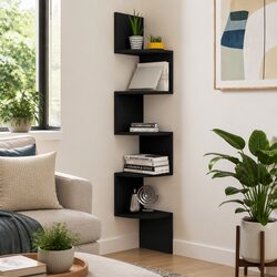 Wall Corner Shelf Black 19x19x123 cm Engineered Wood Rounded Levels Storage