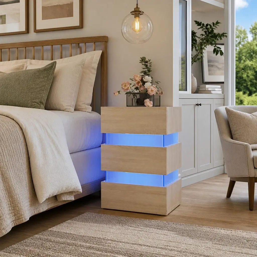 Bedside Table with LED Light and Storage