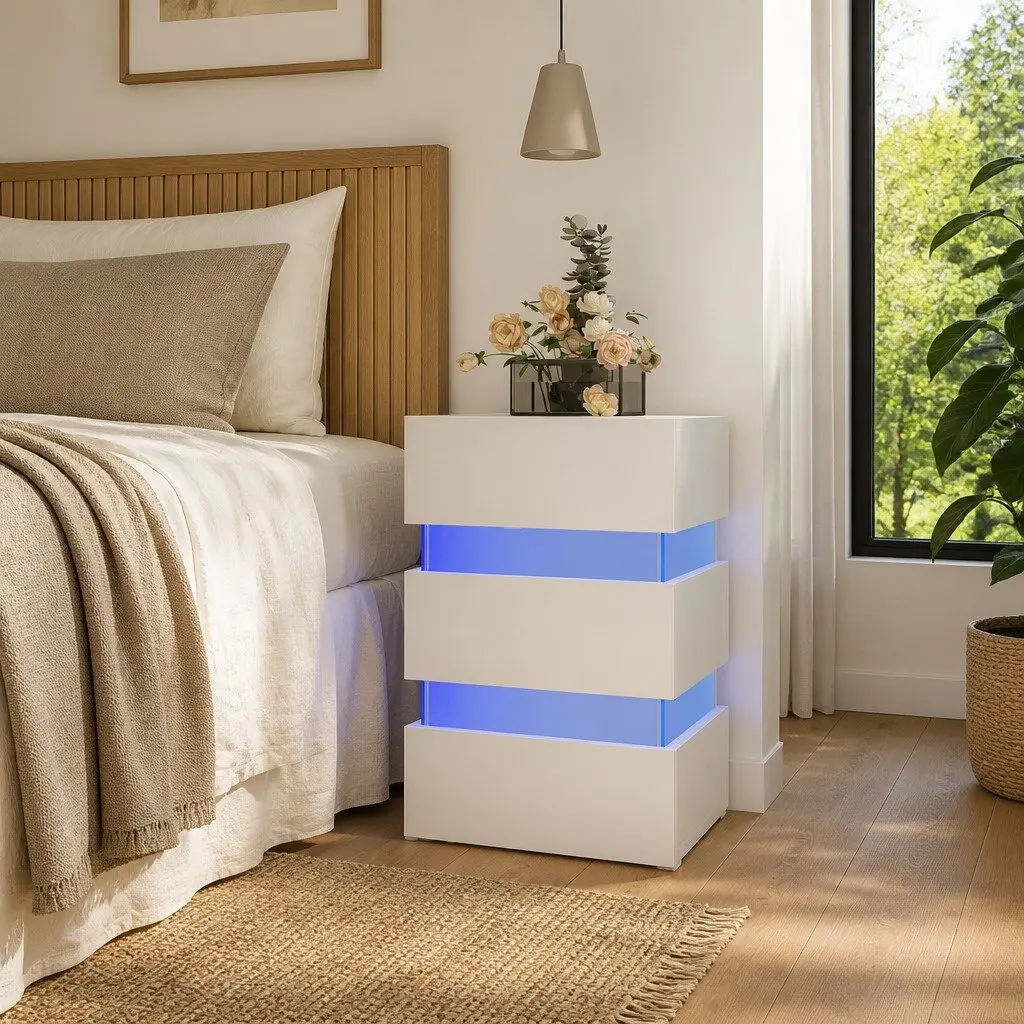 High Gloss White LED Bedside Cabinet with Ample Storage