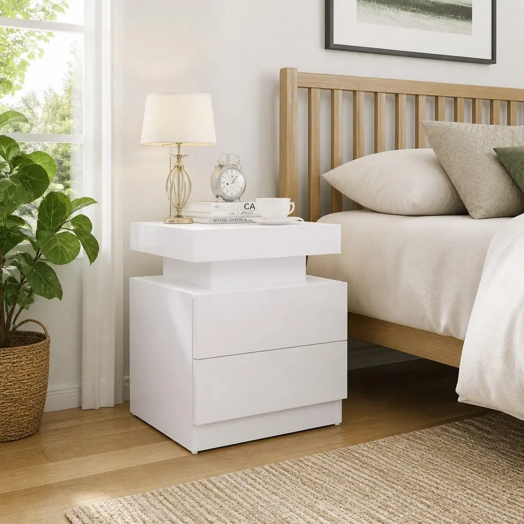 High Gloss White Nightstand with Ample Storage