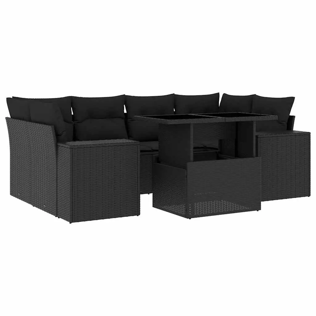 7 Piece Garden Sofa Set Outdoor Patio Furniture Black Poly Rattan with Cushions