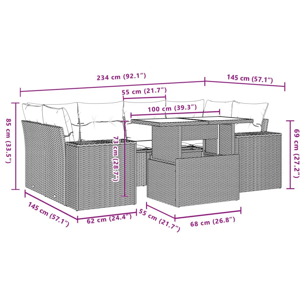 7 Piece Garden Sofa Set PE Rattan Grey Outdoor Furniture with Cushions
