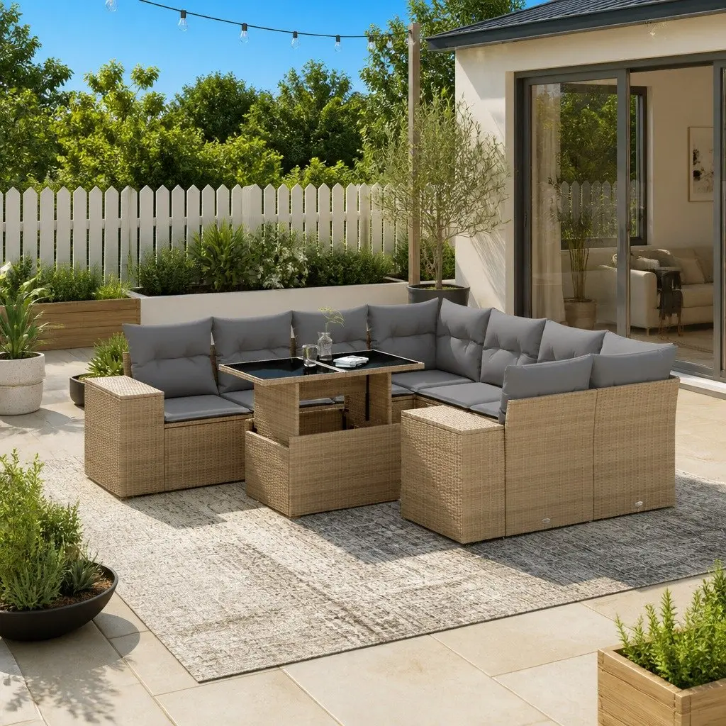 9-Piece Beige Poly Rattan Garden Sofa Set