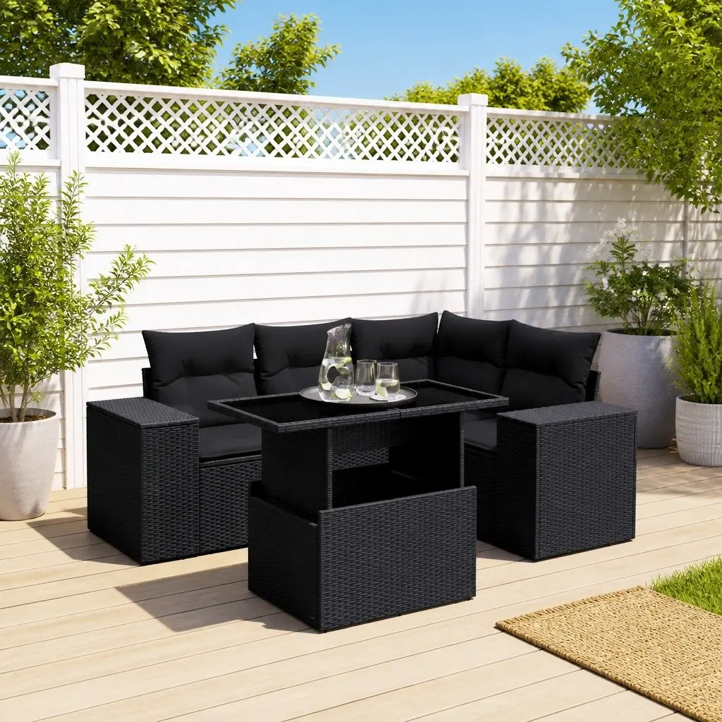 5 Piece Black Garden Sofa Set with Cushions