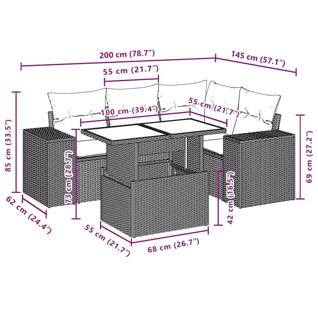 5 Piece Black Garden Sofa Set with Cushions