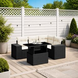 5-Piece Black Poly Rattan Garden Sofa Set with Cushions