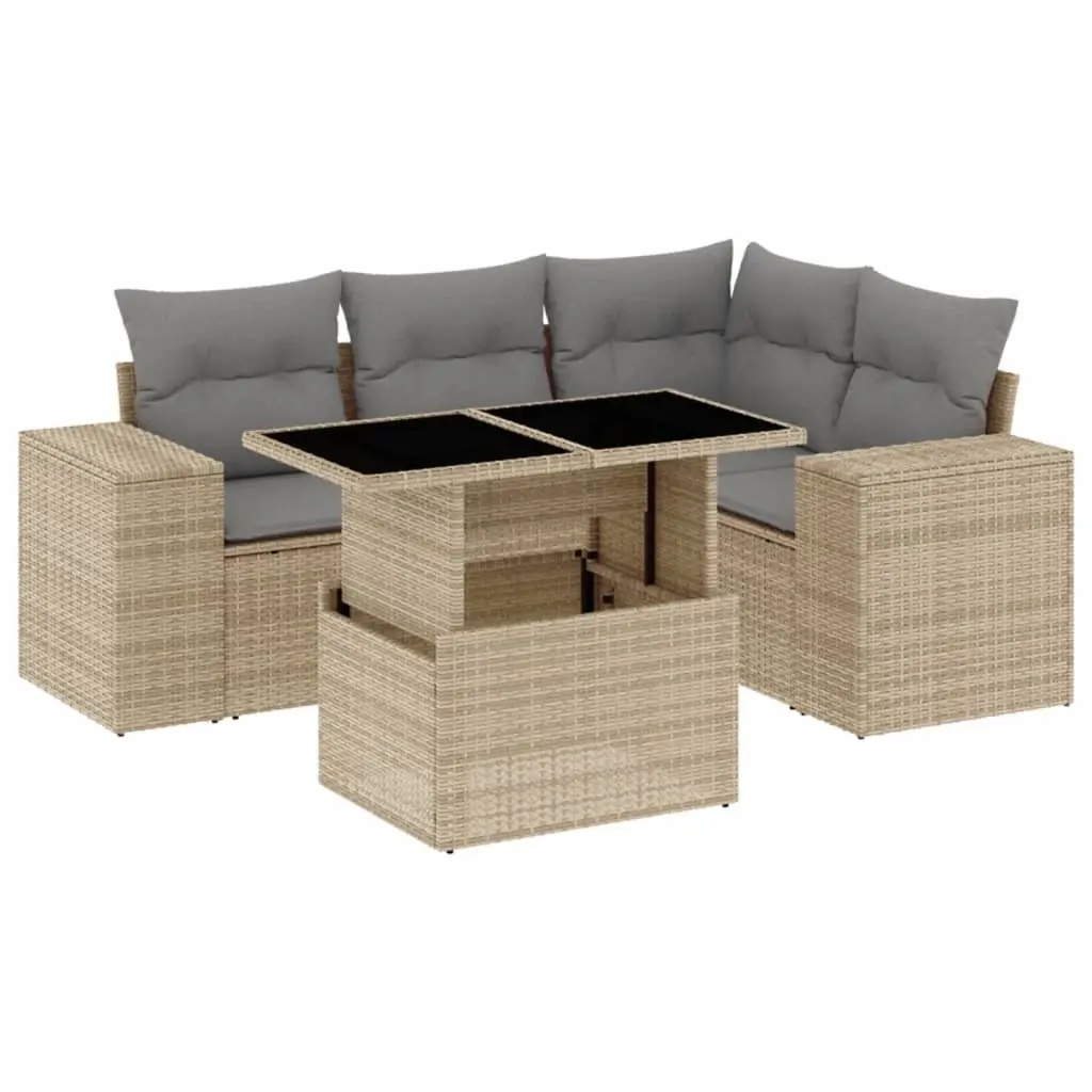 Garden Sofa Set PE Rattan 5 Piece Outdoor Furniture Beige Cushions