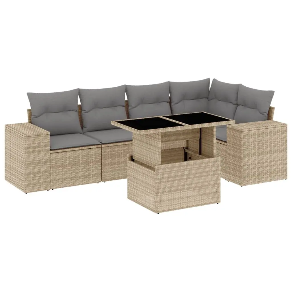 Beige Poly Rattan 6 Piece Garden Sofa Set with Cushions