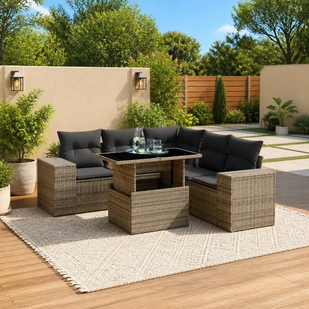 6 Piece Garden Sofa Set PE Rattan Grey Outdoor Furniture with Cushions