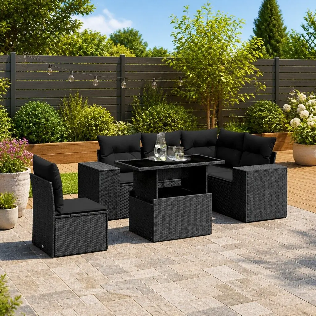 6-Piece Garden Sofa Set Black Poly Rattan