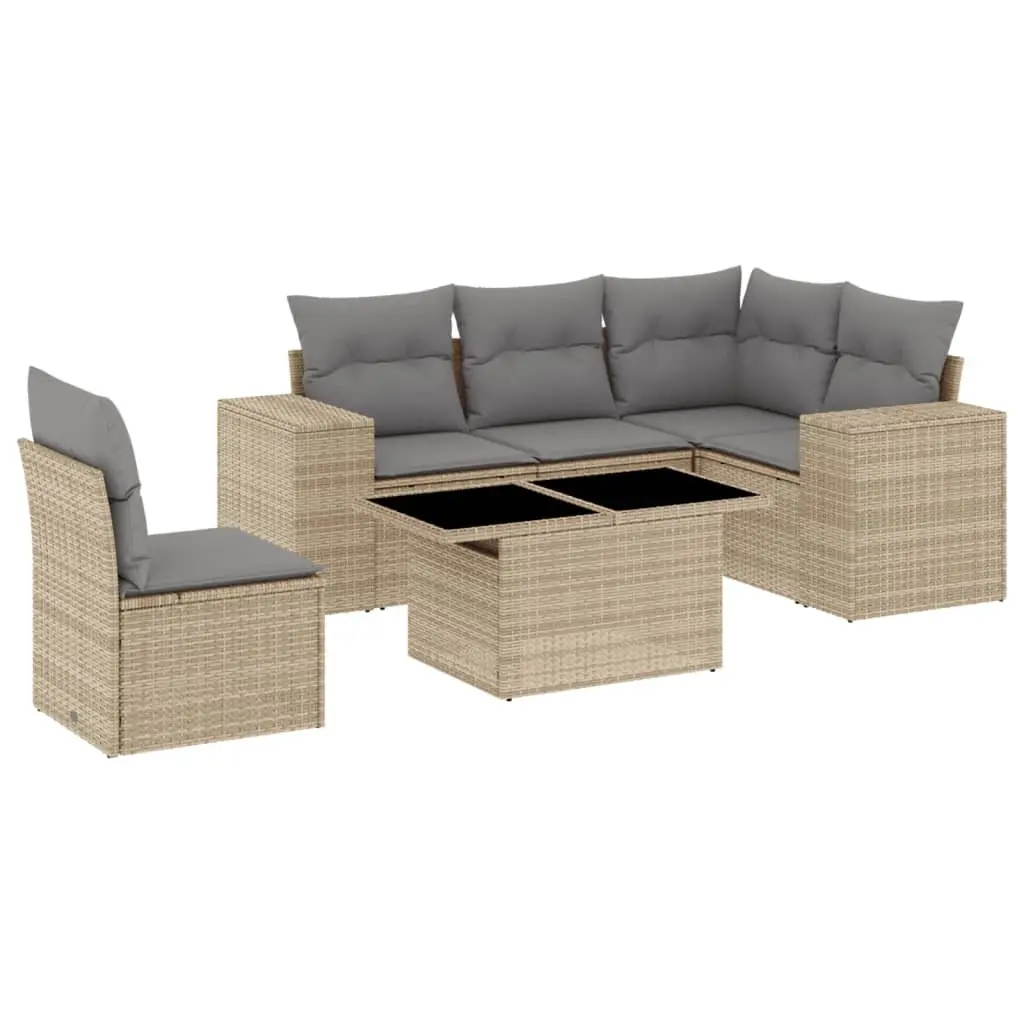 6 Piece Garden Sofa Set PE Rattan Beige Outdoor Patio Furniture with Cushions