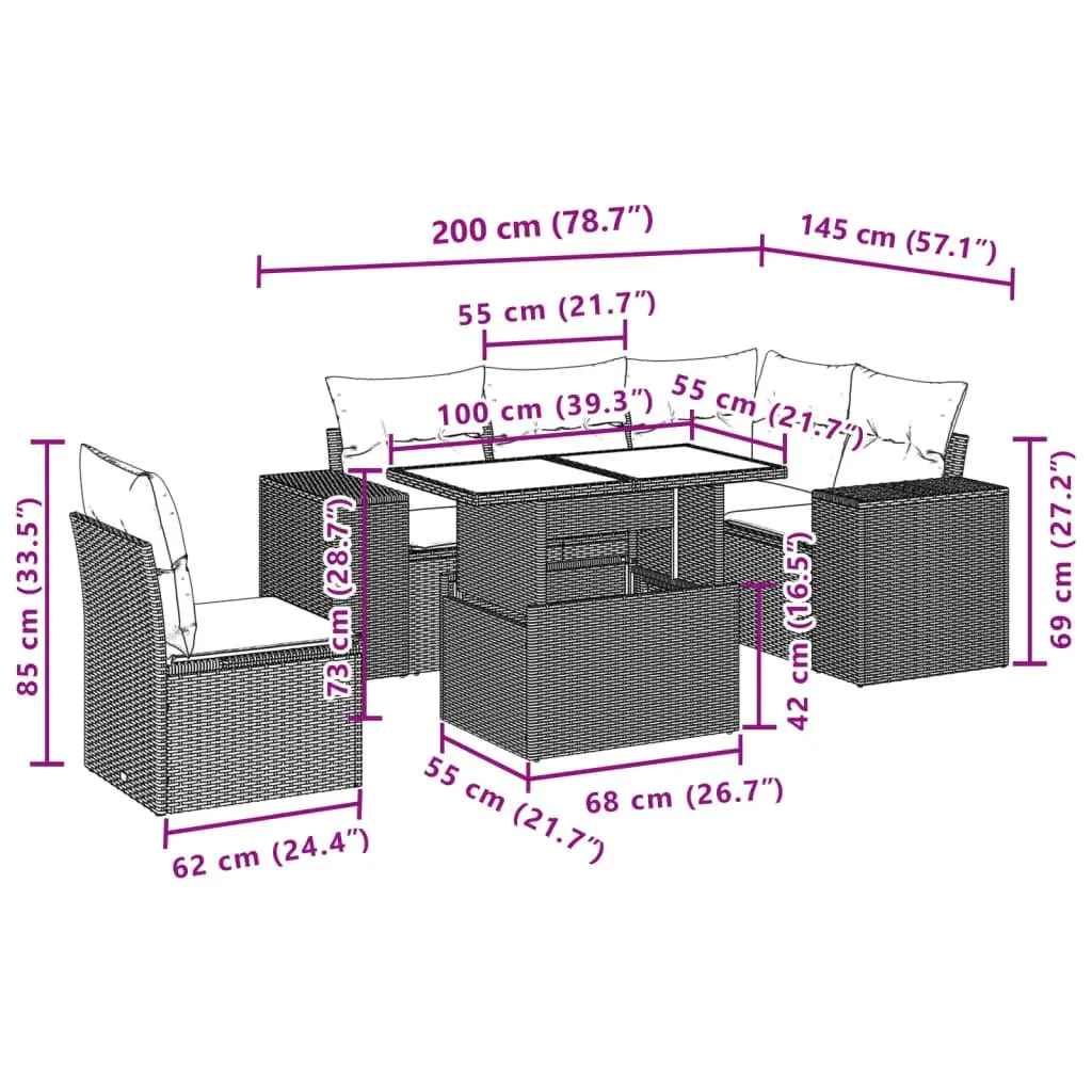 Garden Sofa Set PE Rattan 6 Piece Outdoor Furniture Grey Patio Lounge