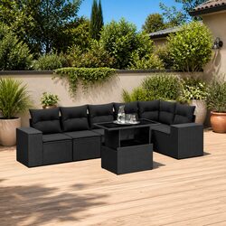 7 Piece Black Poly Rattan Garden Sofa Set for Outdoor Comfort