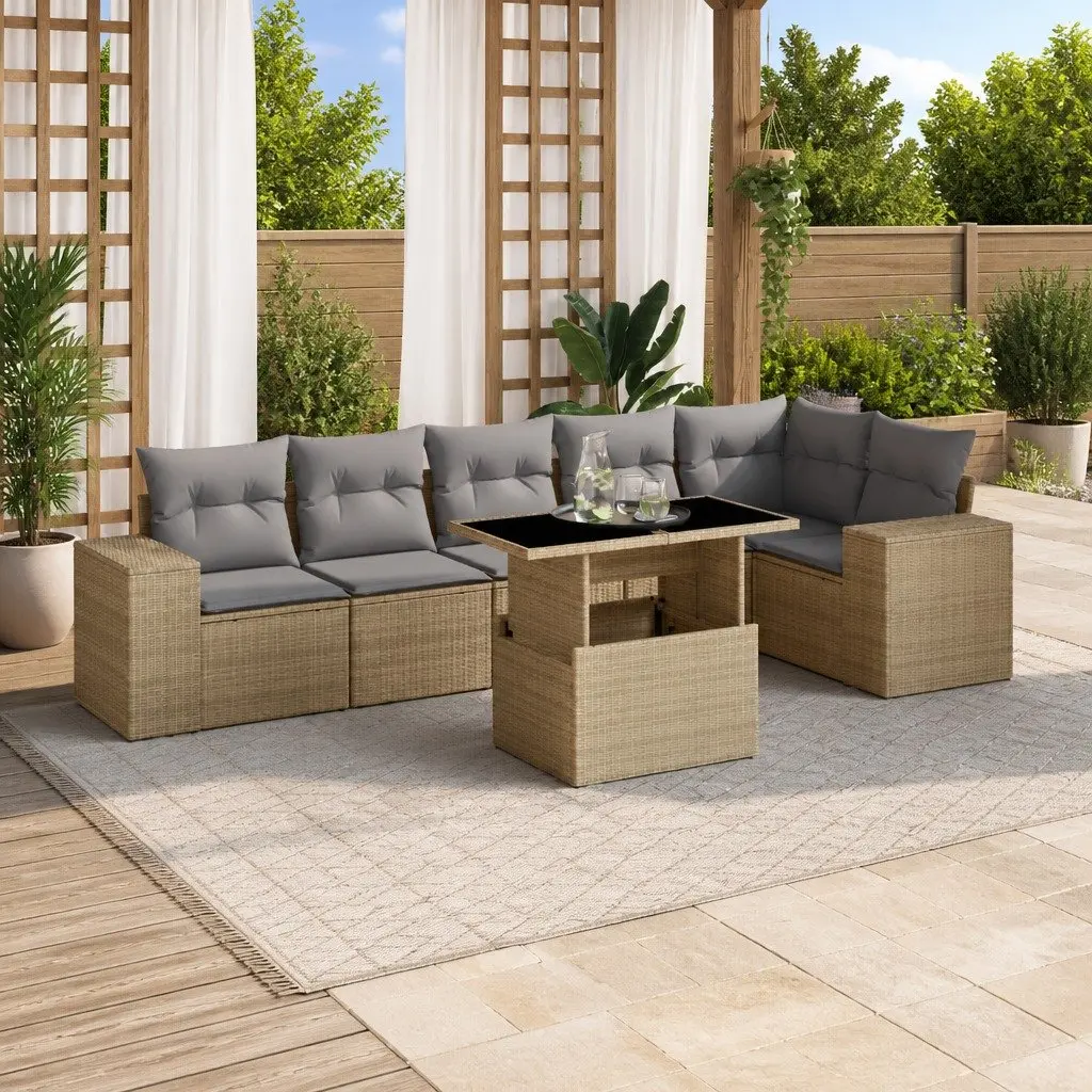 7 Piece Garden Sofa Set PE Rattan Beige with Cushions Outdoor Patio Furniture