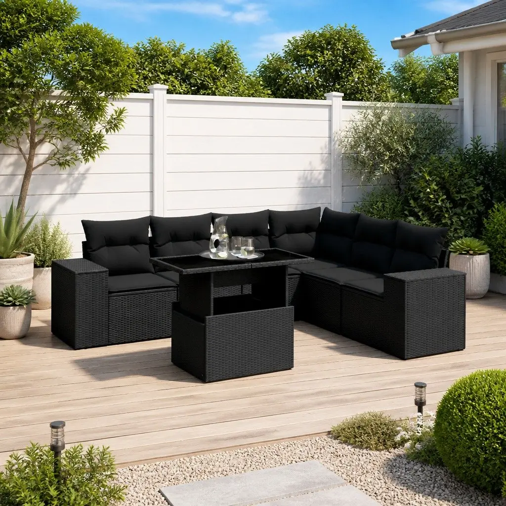 7 Piece Garden Sofa Set PE Rattan Black with Cushions