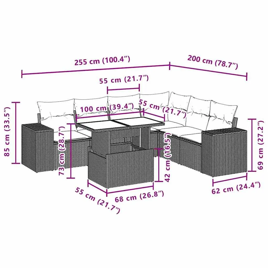 7 Piece Garden Sofa Set PE Rattan Black with Cushions