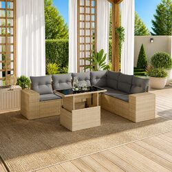 Beige Rattan Modular Garden Sofa Set - 7 Piece Outdoor Furniture