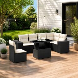 Premium 7 Piece Garden Sofa Set in Black Poly Rattan