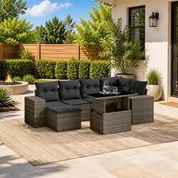 7 Piece Grey Poly Rattan Garden Sofa Set with Cushions