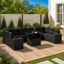 Sturdy 11-Piece Garden Sofa Set in Black Poly Rattan