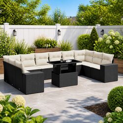 11-Piece Black Poly Rattan Outdoor Sofa Set with Cushions