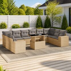 11-Piece Beige Rattan Garden Sofa Set with Cushions