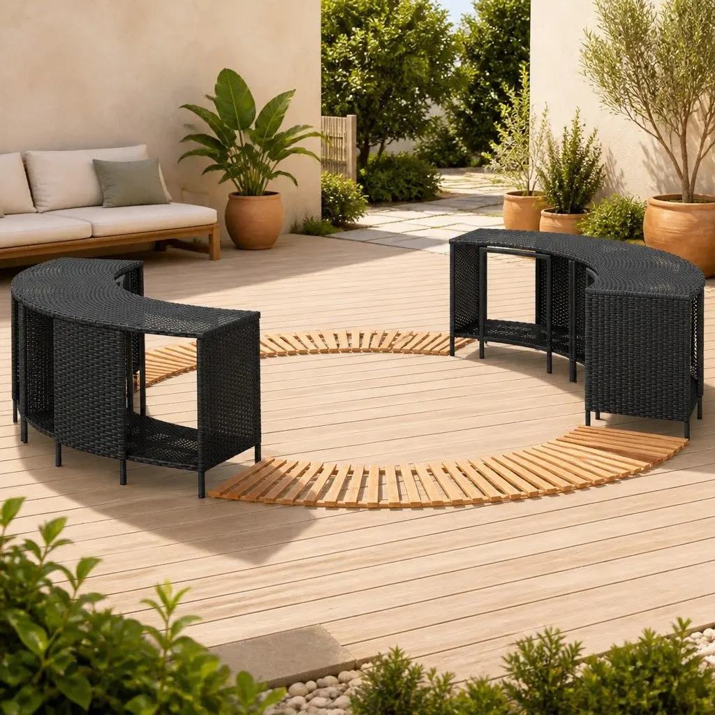 Hot Tub Surround PE Rattan Acacia Wood Step Outdoor Spa Deck Black