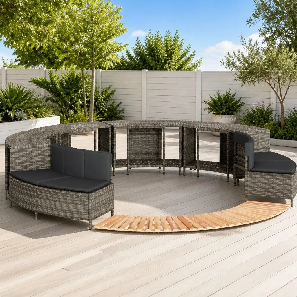 Hot Tub Surround PE Rattan Acacia Wood Storage Step Grey