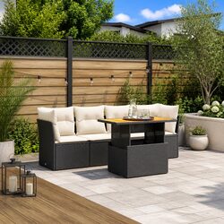 5 Piece Black Rattan Garden Sofa Set with Cushions